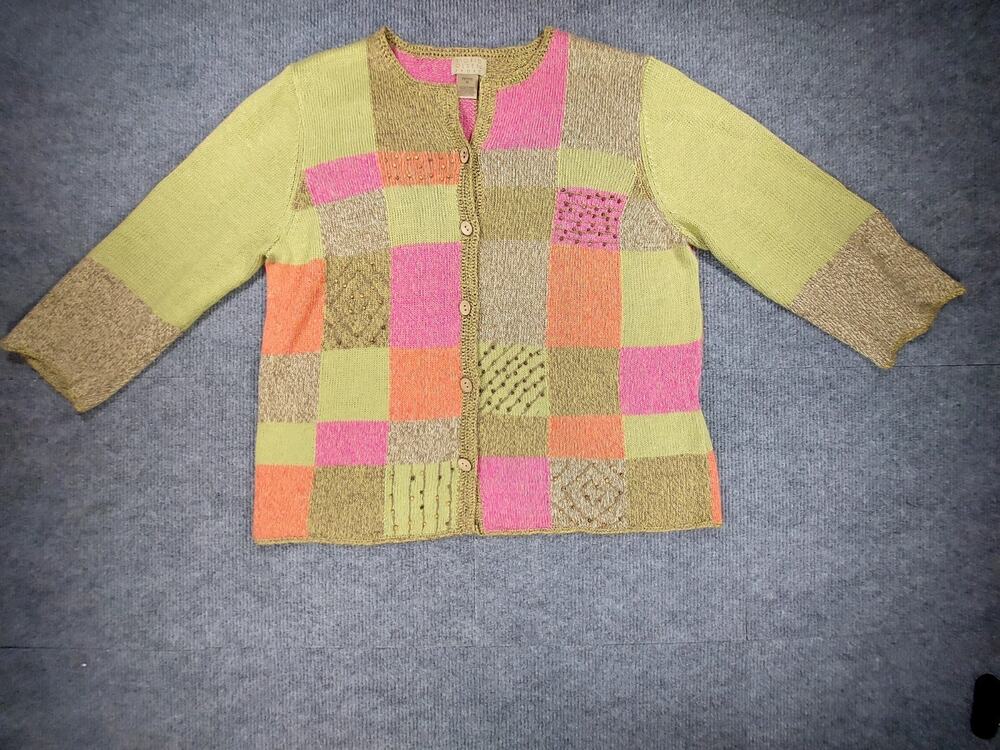 Sigrid Olsen Sport Patchwork Cardigan Sweater Green Pink Beaded Linen Blend PM